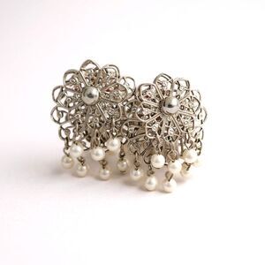 Vintage Silver Tone Filigree Chandelier Earrings With Faux Pearl Dangles